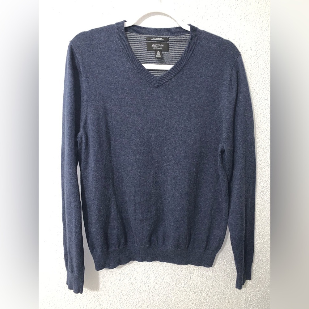 Nordstrom Mens Shop Blue Cotton and Cashmere Blend V-neck Sweater Size M